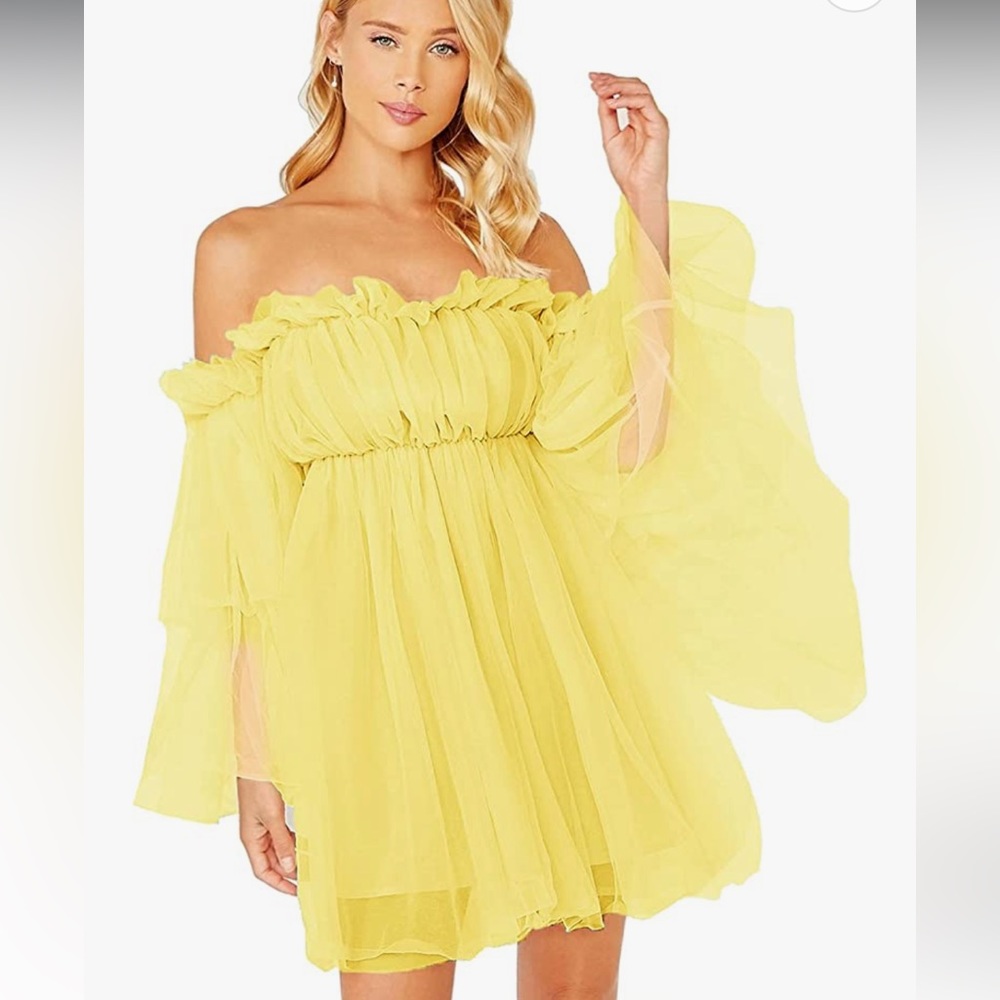 Women's Romantic Off Shoulder Flounce Long Sleeve Wedding Mesh Party Mini Dress
